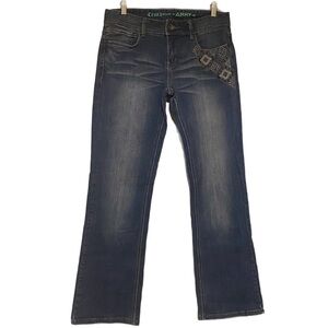 Classic Western Jeans Trending Boot Cut Mid Rise Dark Blue Embroidered Whiskers